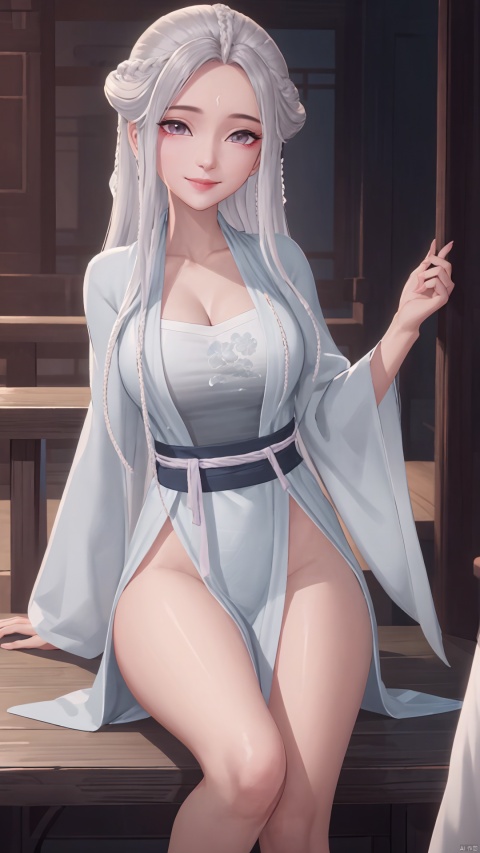 1girl, solo, long hair, white hair, chinese clothes, hanfu, facial mark, forehead mark, grey eyes, long sleeves, braid, realistic, mischevious smile, perfect body, scenery, sharp focus, best quality, masterpiece, detailed outfit, illustration, perfect eyes, finely detailed beautiful anime eyes, realistic skin, intricate details, best lighting, depth of field, ultra high resolution, sitting, dynamic pose, dynamic angle,