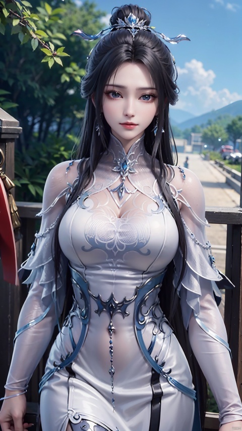  1girl, white dress, solo, hair bun, chinese clothes, mischevious smile, perfect body, scenery, sharp focus, best quality, masterpiece, detailed outfit, illustration, perfect eyes, finely detailed beautiful anime eyes, realistic skin, intricate details, best lighting, depth of field, ultra high resolution,cowboy_shot, dynamic pose, dynamic angle,