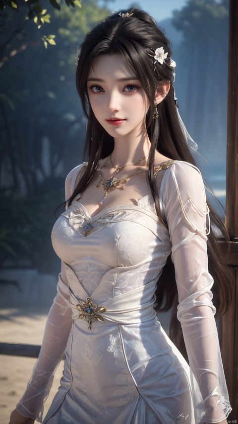  1girl, wedding_dress, mischevious smile, perfect body, scenery, sharp focus, best quality, masterpiece, detailed outfit, illustration, perfect eyes, finely detailed beautiful anime eyes, realistic skin, intricate details, best lighting, depth of field, ultra high resolution,cowboy_shot, dynamic pose, dynamic angle,