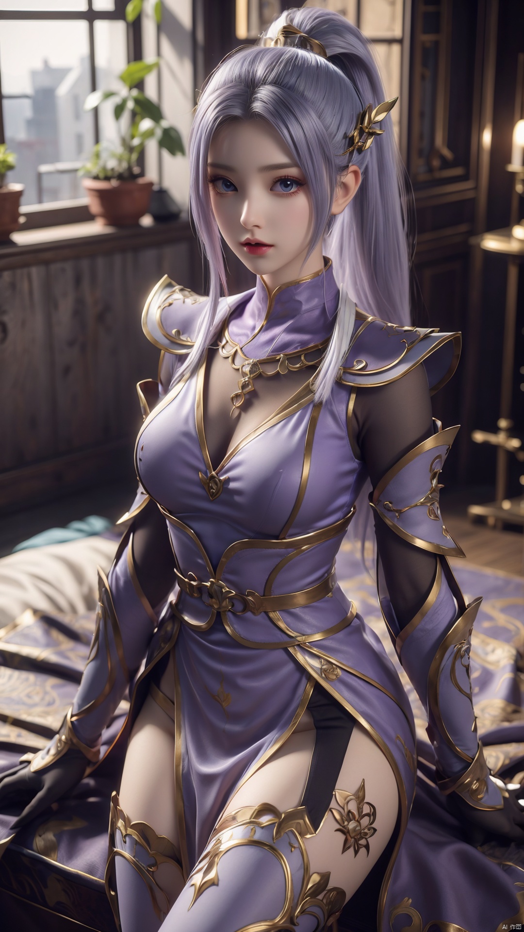  1girl, light purple hair, black thighhighs, ponytail, gloves, blue eyes, long hair, breasts, armor, hair ornament, black gloves, looking at viewer, lying, perfect body, scenery, sharp focus, best quality, masterpiece, detailed outfit, illustration, perfect eyes, finely detailed beautiful anime eyes, realistic skin, intricate details, best lighting, depth of field, ultra high resolution, bed, from above