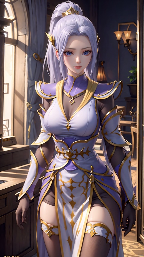  1girl, solo, thighhighs, ponytail, gloves, blue eyes, long hair, breasts, armor, hair ornament, black gloves, looking at viewer, standing, mischevious smile, perfect body, scenery, sharp focus, best quality, masterpiece, detailed outfit, illustration, perfect eyes, finely detailed beautiful anime eyes, realistic skin, intricate details, best lighting, depth of field, ultra high resolution,cowboy_shot, dynamic pose, dynamic angle,