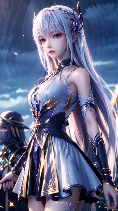 1girl, long hair, solo, purple eyes, (white hair), (white dress), standing, looking at viewer, perfect body, scenery, sharp focus, best quality, masterpiece, detailed outfit, illustration, perfect eyes, finely detailed beautiful anime eyes, realistic skin, intricate details, best lighting, depth of field, ultra high resolution,cowboy_shot, dynamic pose, dynamic angle,