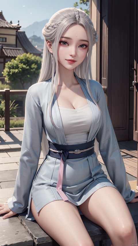 1girl, solo, long hair, white hair, chinese clothes, hanfu, facial mark, forehead mark, grey eyes, long sleeves, braid, realistic, mischevious smile, perfect body, scenery, sharp focus, best quality, masterpiece, detailed outfit, illustration, perfect eyes, finely detailed beautiful anime eyes, realistic skin, intricate details, best lighting, depth of field, ultra high resolution, sitting, dynamic pose, dynamic angle,