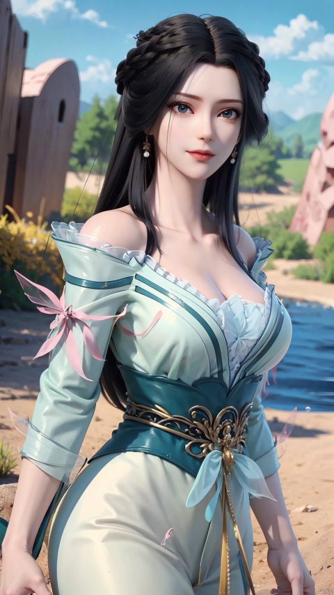  1girl, mischevious smile, perfect body, scenery, sharp focus, best quality, masterpiece, detailed outfit, illustration, perfect eyes, finely detailed beautiful anime eyes, realistic skin, intricate details, best lighting, depth of field, ultra high resolution,cowboy_shot, dynamic pose, dynamic angle,