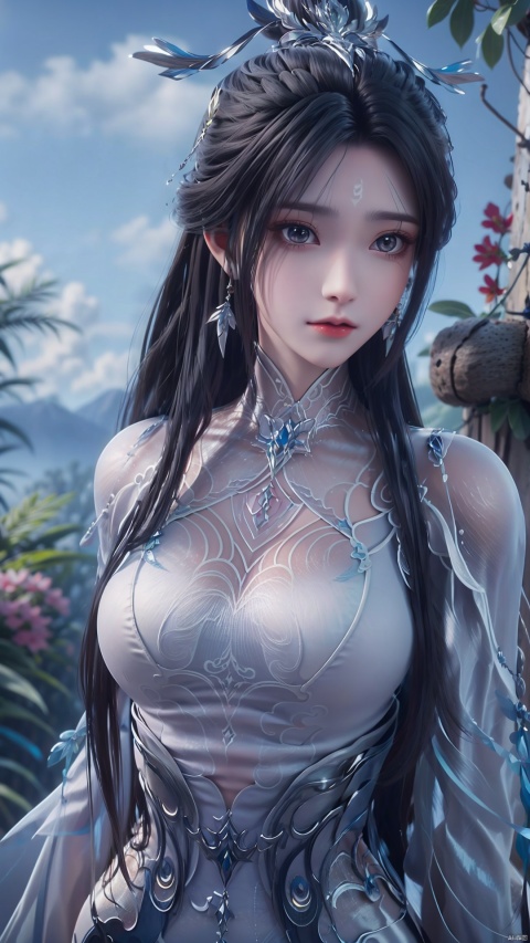 1girl, black hair, long hair, dress, solo, white dress, hair ornament, chinese clothes, facial mark, hair bun, forehead mark, earrings, mischevious smile, perfect body, scenery, sharp focus, best quality, masterpiece, detailed outfit, illustration, perfect eyes, finely detailed beautiful anime eyes, realistic skin, intricate details, best lighting, depth of field, ultra high resolution,cowboy_shot, dynamic pose, dynamic angle,