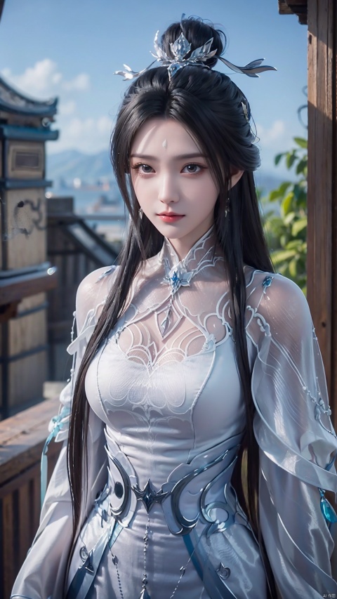 1girl, black hair, long hair, dress, solo, white dress, hair ornament, chinese clothes, facial mark, hair bun, forehead mark, earrings, mischevious smile, perfect body, scenery, sharp focus, best quality, masterpiece, detailed outfit, illustration, perfect eyes, finely detailed beautiful anime eyes, realistic skin, intricate details, best lighting, depth of field, ultra high resolution,cowboy_shot, dynamic pose, dynamic angle,