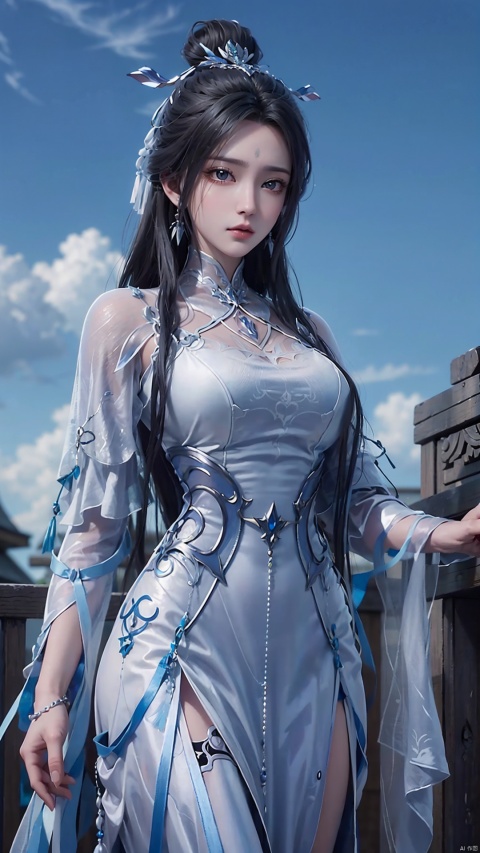  1girl, black hair, long hair, dress, solo, white dress, hair ornament, chinese clothes, facial mark, hair bun, forehead mark, earrings, perfect body, scenery, sharp focus, best quality, masterpiece, detailed outfit, illustration, perfect eyes, finely detailed beautiful anime eyes, realistic skin, intricate details, best lighting, depth of field, ultra high resolution,cowboy_shot, dynamic pose, dynamic angle,