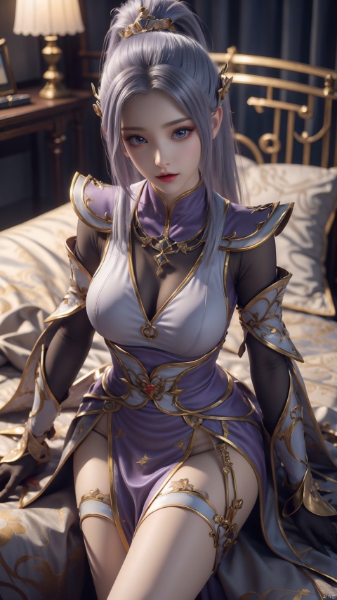  1girl, light purple hair, black thighhighs, ponytail, gloves, blue eyes, long hair, breasts, armor, hair ornament, black gloves, looking at viewer, lying, perfect body, scenery, sharp focus, best quality, masterpiece, detailed outfit, illustration, perfect eyes, finely detailed beautiful anime eyes, realistic skin, intricate details, best lighting, depth of field, ultra high resolution, bed, from above