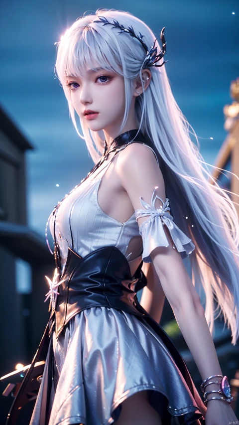 1girl, long hair, solo, purple eyes, white hair, white dress, standing, looking at viewer, perfect body, scenery, sharp focus, best quality, masterpiece, detailed outfit, illustration, perfect eyes, finely detailed beautiful anime eyes, realistic skin, intricate details, best lighting, depth of field, ultra high resolution,cowboy_shot, dynamic pose, dynamic angle,