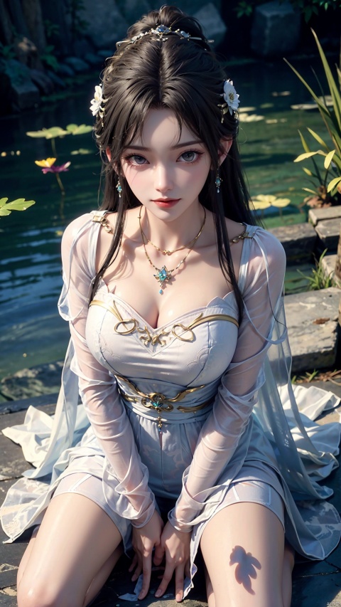  1girl, wedding_dress, mischevious smile, perfect body, scenery, sharp focus, best quality, masterpiece, detailed outfit, illustration, perfect eyes, finely detailed beautiful anime eyes, realistic skin, intricate details, best lighting, depth of field, ultra high resolution, kneeling on floot, from_above