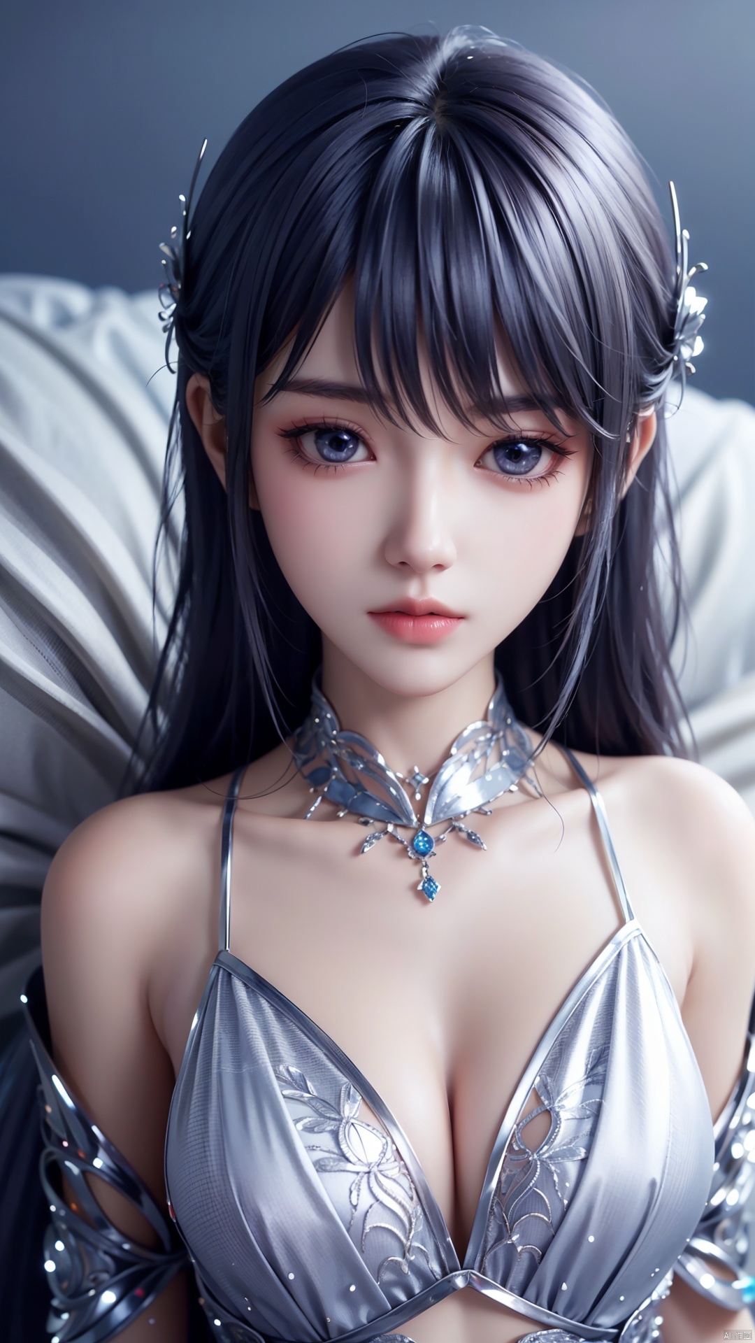  1girl, long hair, white hair, dress, looking at viewer, lying, perfect body, scenery, sharp focus, best quality, masterpiece, detailed outfit, illustration, perfect eyes, finely detailed beautiful anime eyes, realistic skin, intricate details, best lighting, depth of field, ultra high resolution, bed, from above