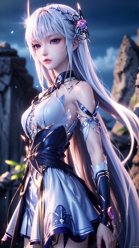 1girl, long hair, solo, purple eyes, (white hair), (white dress), standing, looking at viewer, perfect body, scenery, sharp focus, best quality, masterpiece, detailed outfit, illustration, perfect eyes, finely detailed beautiful anime eyes, realistic skin, intricate details, best lighting, depth of field, ultra high resolution,cowboy_shot, dynamic pose, dynamic angle,