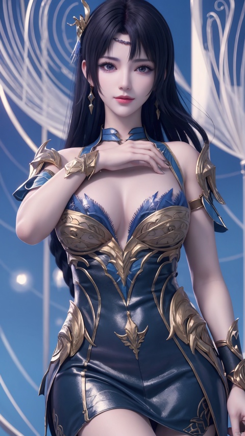  1girl, hair ornament, jewelry, long hair, braid, purple eyes, make_up, tattoo, earrings, blue dress, mischevious smile, perfect body, scenery, sharp focus, best quality, masterpiece, detailed outfit, illustration, perfect eyes, finely detailed beautiful anime eyes, realistic skin, intricate details, best lighting, depth of field, ultra high resolution,cowboy_shot, dynamic pose, dynamic angle,