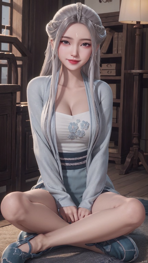 1girl, solo, long hair, white hair, chinese clothes, hanfu, facial mark, forehead mark, grey eyes, long sleeves, braid, realistic, mischevious smile, perfect body, scenery, sharp focus, best quality, masterpiece, detailed outfit, illustration, perfect eyes, finely detailed beautiful anime eyes, realistic skin, intricate details, best lighting, depth of field, ultra high resolution, sitting, dynamic pose, dynamic angle,