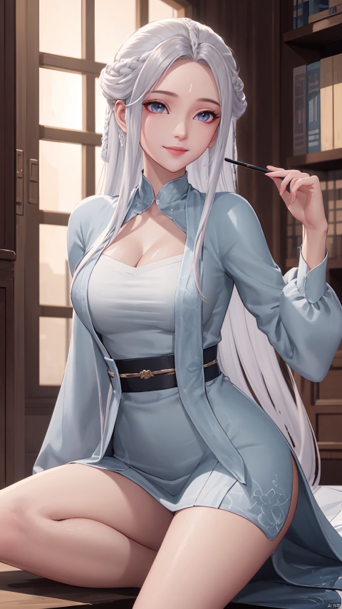 1girl, solo, long hair, white hair, chinese clothes, hanfu, facial mark, forehead mark, grey eyes, long sleeves, braid, realistic, mischevious smile, perfect body, scenery, sharp focus, best quality, masterpiece, detailed outfit, illustration, perfect eyes, finely detailed beautiful anime eyes, realistic skin, intricate details, best lighting, depth of field, ultra high resolution, sitting, dynamic pose, dynamic angle,