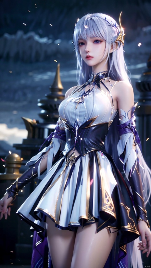 1girl, long hair, solo, purple eyes, white hair, white dress, standing, looking at viewer, perfect body, scenery, sharp focus, best quality, masterpiece, detailed outfit, illustration, perfect eyes, finely detailed beautiful anime eyes, realistic skin, intricate details, best lighting, depth of field, ultra high resolution,cowboy_shot, dynamic pose, dynamic angle,