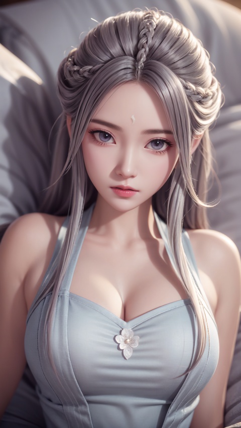  1girl, long hair, white hair, dress, looking at viewer, lying, perfect body, scenery, sharp focus, best quality, masterpiece, detailed outfit, illustration, perfect eyes, finely detailed beautiful anime eyes, realistic skin, intricate details, best lighting, depth of field, ultra high resolution, bed, from above