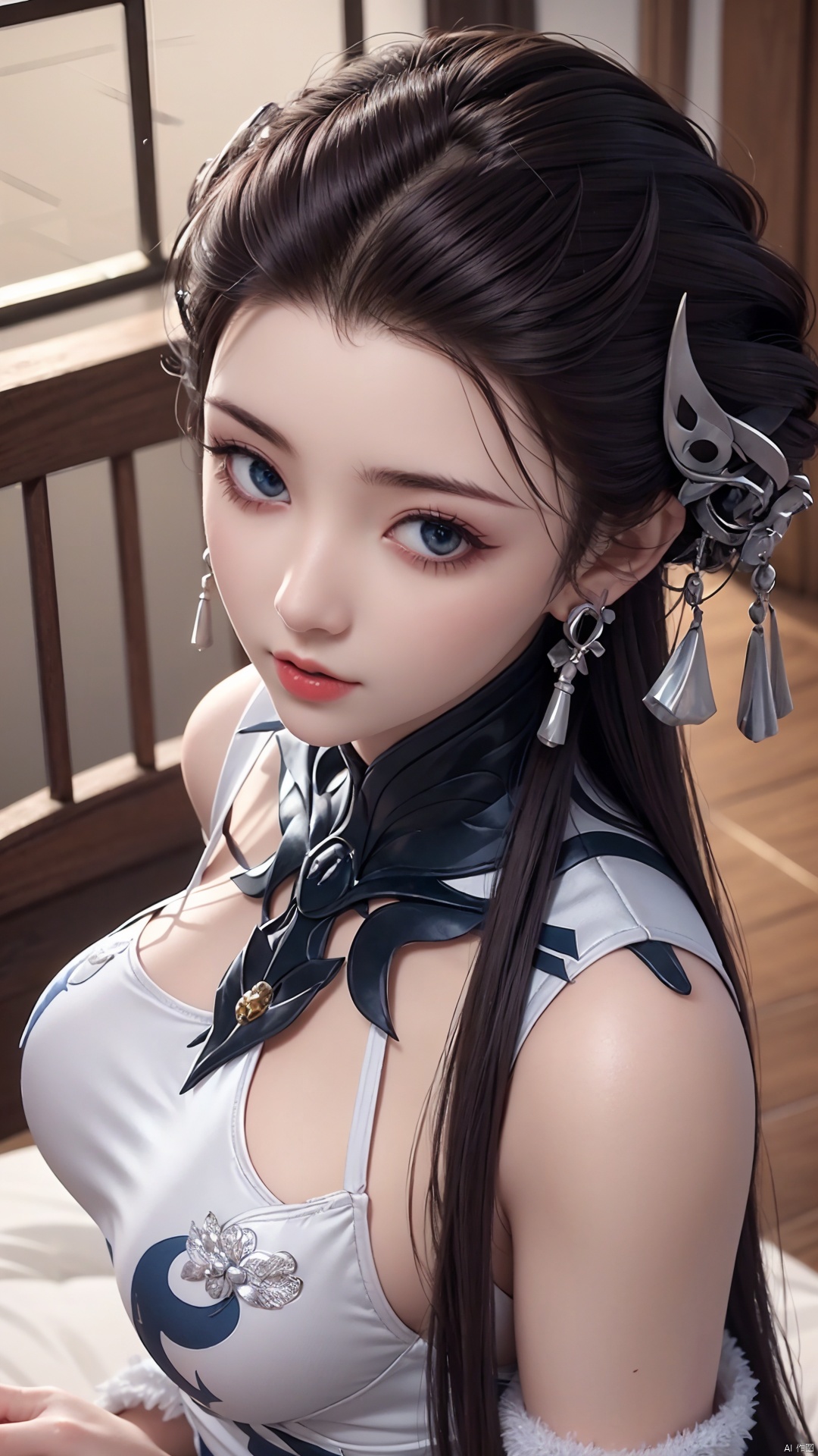  1girl, long hair, dress, looking at viewer, lying, perfect body, scenery, sharp focus, best quality, masterpiece, detailed outfit, illustration, perfect eyes, finely detailed beautiful anime eyes, realistic skin, intricate details, best lighting, depth of field, ultra high resolution, bed, from above