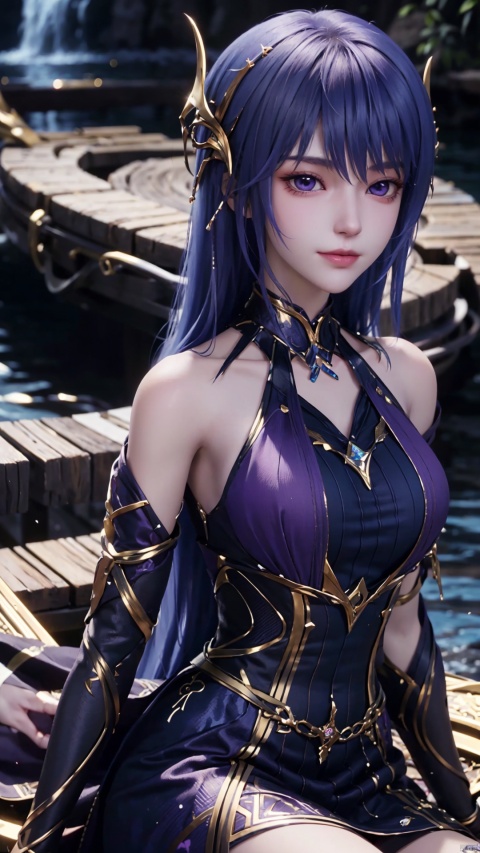 1girl, solo, long hair, blue hair, dress, purple eyes, realistic, mischevious smile, perfect body, scenery, sharp focus, best quality, masterpiece, detailed outfit, illustration, perfect eyes, finely detailed beautiful anime eyes, realistic skin, intricate details, best lighting, depth of field, ultra high resolution, sitting, dynamic pose, dynamic angle,