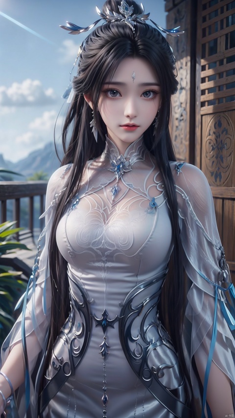 1girl, black hair, long hair, dress, solo, white dress, hair ornament, chinese clothes, facial mark, hair bun, forehead mark, earrings, mischevious smile, perfect body, scenery, sharp focus, best quality, masterpiece, detailed outfit, illustration, perfect eyes, finely detailed beautiful anime eyes, realistic skin, intricate details, best lighting, depth of field, ultra high resolution,cowboy_shot, dynamic pose, dynamic angle,