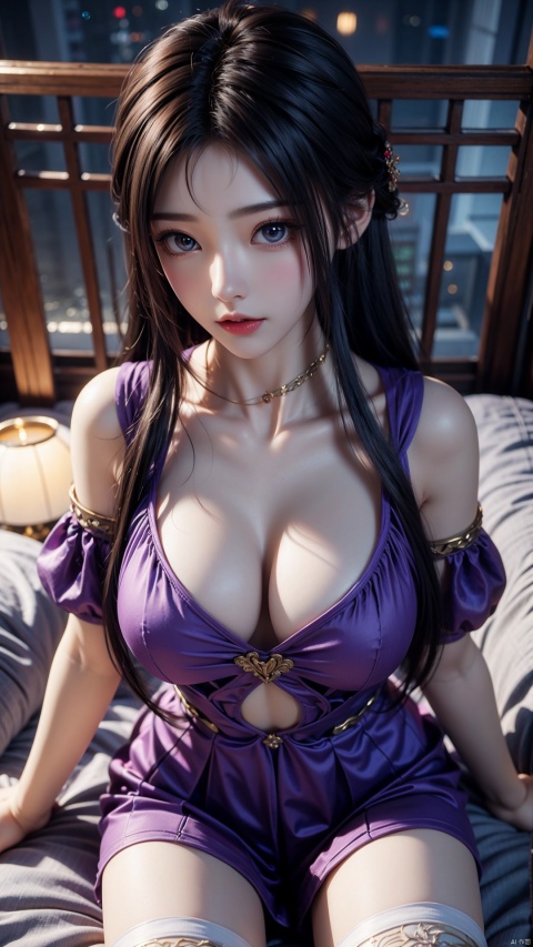  1girl, purple eyes, long hair, thighhighs, lying, perfect body, scenery, sharp focus, best quality, masterpiece, detailed outfit, illustration, perfect eyes, finely detailed beautiful anime eyes, realistic skin, intricate details, best lighting, depth of field, ultra high resolution, bed, from above 