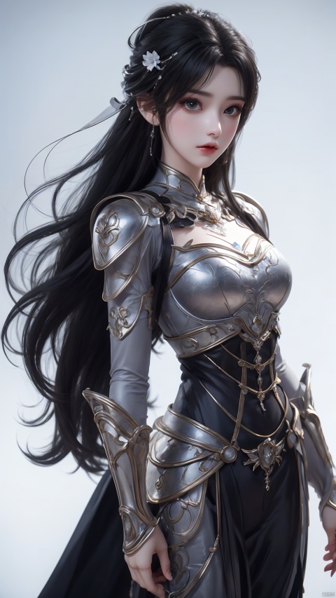  glamor,mature_female,princess snow white,black ribbon on head,throw, hologram girl,simple_background,simple background,white background,milf,jodhpur, gord metal armor