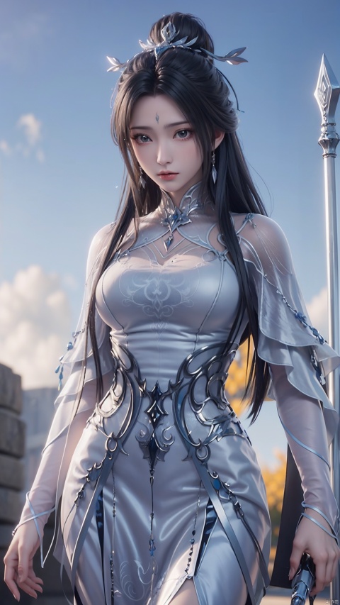 1girl, weapon, black hair, sword, solo, forehead mark, earrings, jewelry, facial mark, hair ornament, dress, long hair, closed mouth, perfect body, scenery, sharp focus, best quality, masterpiece, detailed outfit, illustration, perfect eyes, finely detailed beautiful anime eyes, realistic skin, intricate details, best lighting, depth of field, ultra high resolution,cowboy_shot, dynamic pose, dynamic angle,