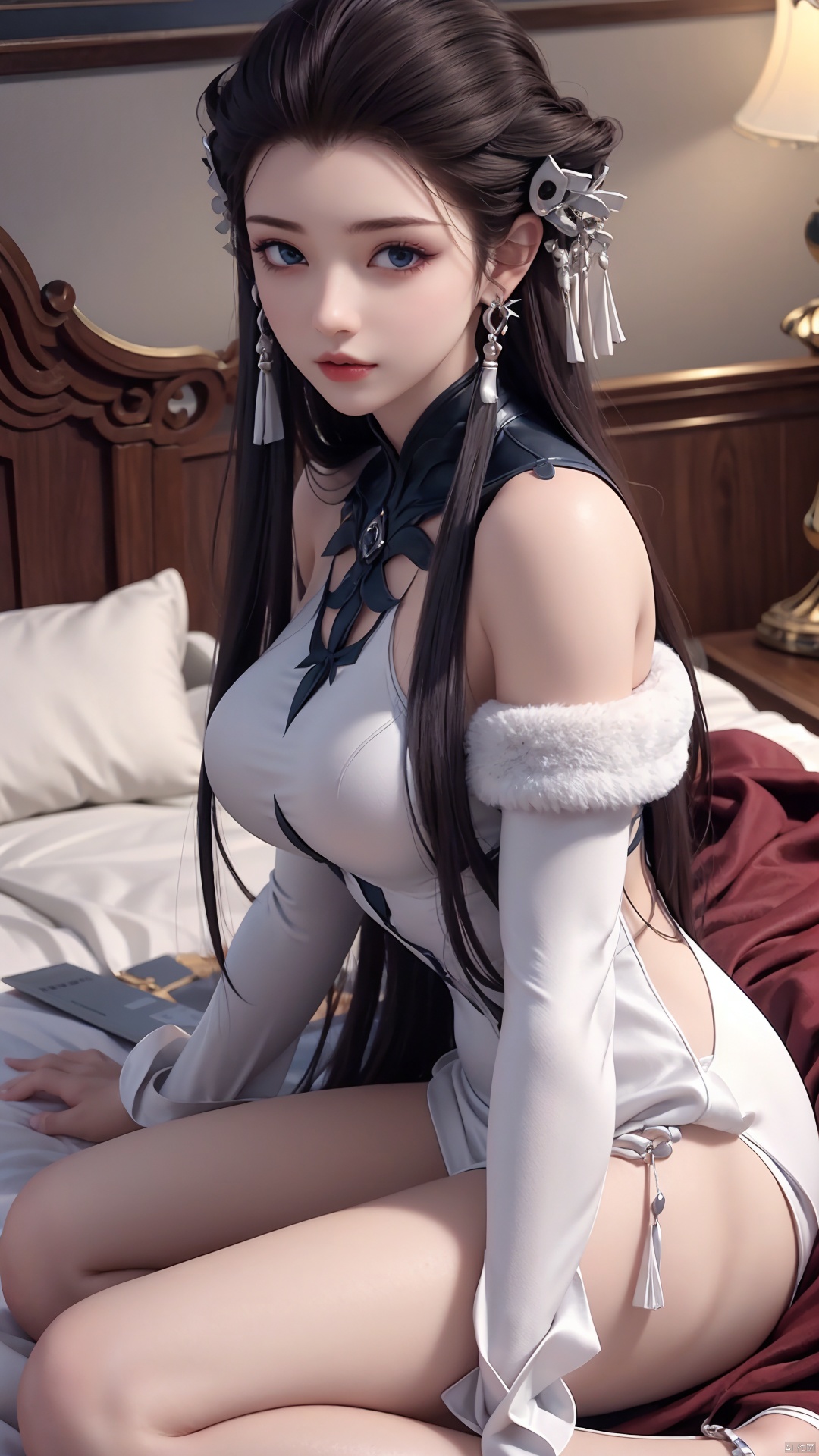  1girl, long hair, dress, looking at viewer, lying, perfect body, scenery, sharp focus, best quality, masterpiece, detailed outfit, illustration, perfect eyes, finely detailed beautiful anime eyes, realistic skin, intricate details, best lighting, depth of field, ultra high resolution, bed, from above