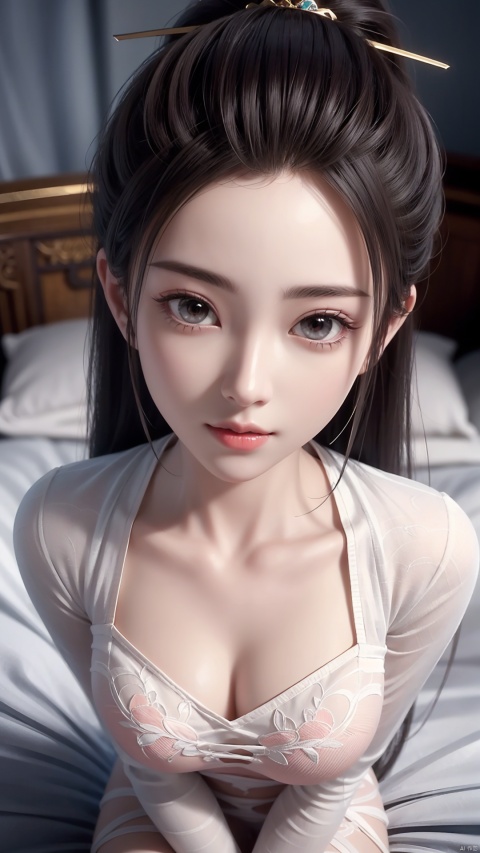  1girl, long hair, dress, looking at viewer, lying, perfect body, scenery, sharp focus, best quality, masterpiece, detailed outfit, illustration, perfect eyes, finely detailed beautiful anime eyes, realistic skin, intricate details, best lighting, depth of field, ultra high resolution, bed, from above