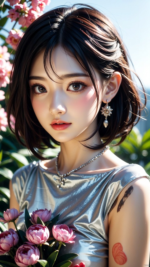  （（（fully body photo））））, （（Single Eyelids）））,（（Sunset backlight）））,（lens flare glow））,（Wear Republican clothing））,（Super Soft Focus））））））, ssmile, （Configuration file））））, （Upp））, at twilight, Showers, Colorful peony flowers on background, Surrounded by peony flowers, Take peony flowers, for example, For example（（pastel sunset））, （yinchuan：1.5）, tmasterpiece, best qualtiy, RAW photogr, Photorealsitic, the face, beuaty girl,Holding a bouquet of peony flowers cute, short detailed hair, （（（（depth of fields））））, A high resolution, Hyper-detailing, finedetail, Very detailed, cinmatic lighting