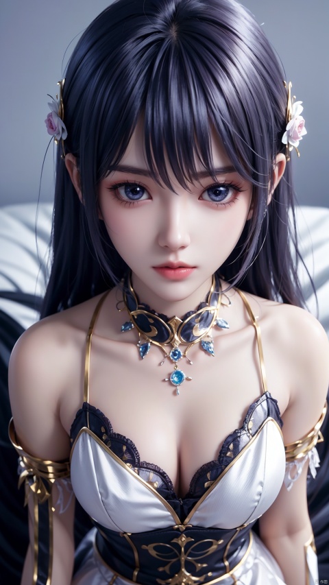  1girl, long hair, white hair, dress, looking at viewer, lying, perfect body, scenery, sharp focus, best quality, masterpiece, detailed outfit, illustration, perfect eyes, finely detailed beautiful anime eyes, realistic skin, intricate details, best lighting, depth of field, ultra high resolution, bed, from above