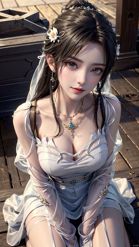  1girl, wedding_dress, mischevious smile, perfect body, scenery, sharp focus, best quality, masterpiece, detailed outfit, illustration, perfect eyes, finely detailed beautiful anime eyes, realistic skin, intricate details, best lighting, depth of field, ultra high resolution, kneeling on floot, from_above