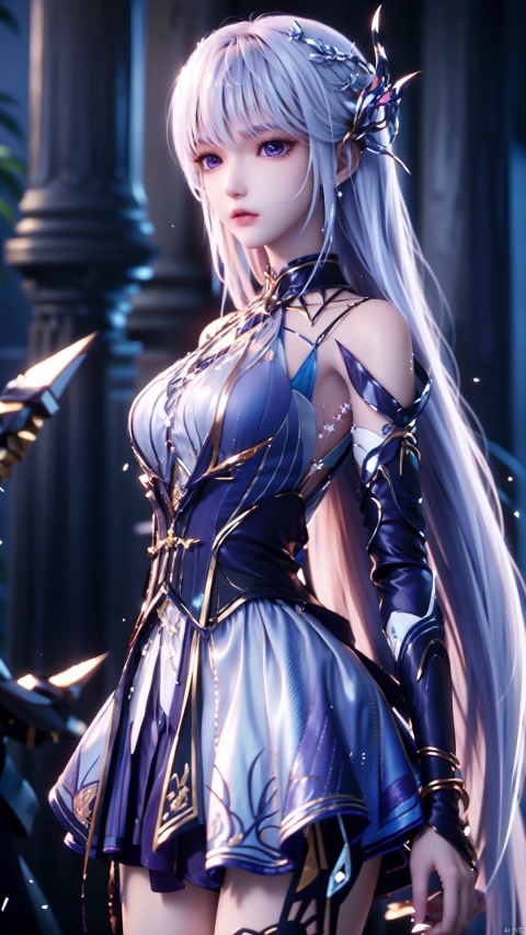 1girl, long hair, solo, purple eyes, (white hair), (white dress), standing, looking at viewer, perfect body, scenery, sharp focus, best quality, masterpiece, detailed outfit, illustration, perfect eyes, finely detailed beautiful anime eyes, realistic skin, intricate details, best lighting, depth of field, ultra high resolution,cowboy_shot, dynamic pose, dynamic angle,