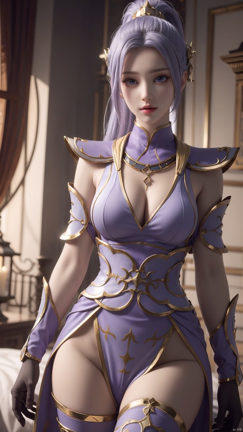  1girl, light purple hair, black thighhighs, ponytail, gloves, blue eyes, long hair, breasts, armor, hair ornament, black gloves, looking at viewer, lying, perfect body, scenery, sharp focus, best quality, masterpiece, detailed outfit, illustration, perfect eyes, finely detailed beautiful anime eyes, realistic skin, intricate details, best lighting, depth of field, ultra high resolution, bed, from above