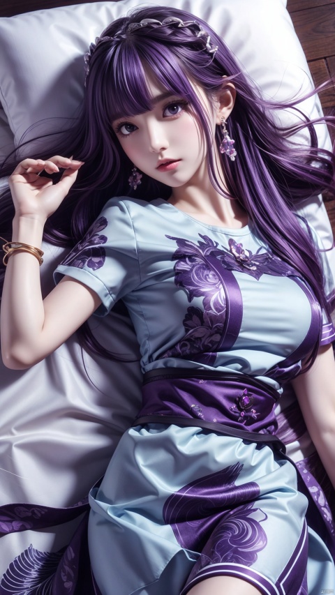  1girl, solo, long hair, breasts, looking at viewer, purple hair, hair ornament, dress, jewelry, closed mouth, short sleeves, earrings, lying, bed, hand up, on back,