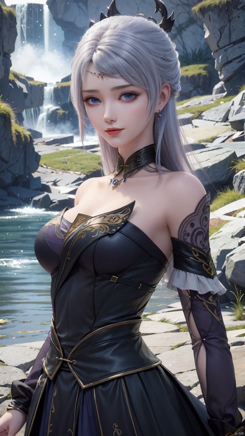 1girl, solo, blue eyes, white hair, black dress, jewelry, bare shoulders, detached sleeves, long hair, earrings, strapless dress, mischevious smile, perfect body, scenery, sharp focus, best quality, masterpiece, detailed outfit, illustration, perfect eyes, finely detailed beautiful anime eyes, realistic skin, intricate details, best lighting, depth of field, ultra high resolution,cowboy_shot, dynamic pose, dynamic angle,