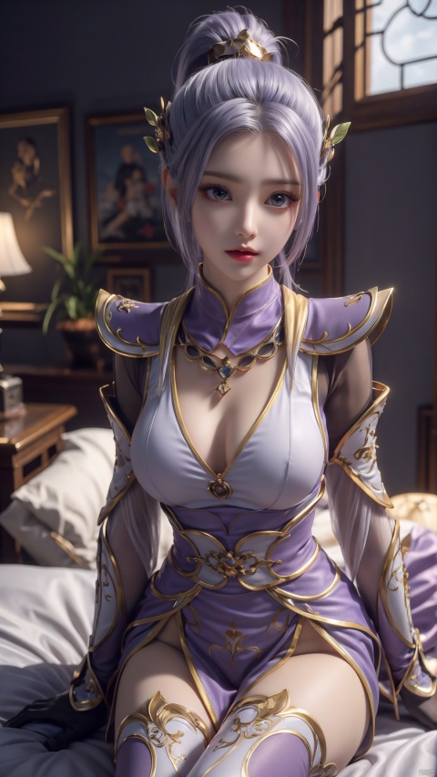  1girl, light purple hair, black thighhighs, ponytail, gloves, blue eyes, long hair, breasts, armor, hair ornament, black gloves, looking at viewer, lying, perfect body, scenery, sharp focus, best quality, masterpiece, detailed outfit, illustration, perfect eyes, finely detailed beautiful anime eyes, realistic skin, intricate details, best lighting, depth of field, ultra high resolution, bed, from above