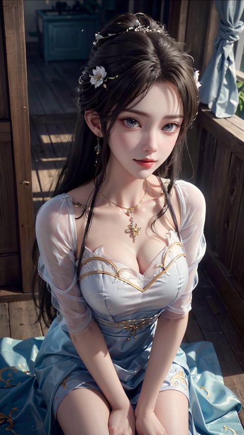  1girl, wedding_dress, mischevious smile, perfect body, scenery, sharp focus, best quality, masterpiece, detailed outfit, illustration, perfect eyes, finely detailed beautiful anime eyes, realistic skin, intricate details, best lighting, depth of field, ultra high resolution, kneeling on floot, from_above