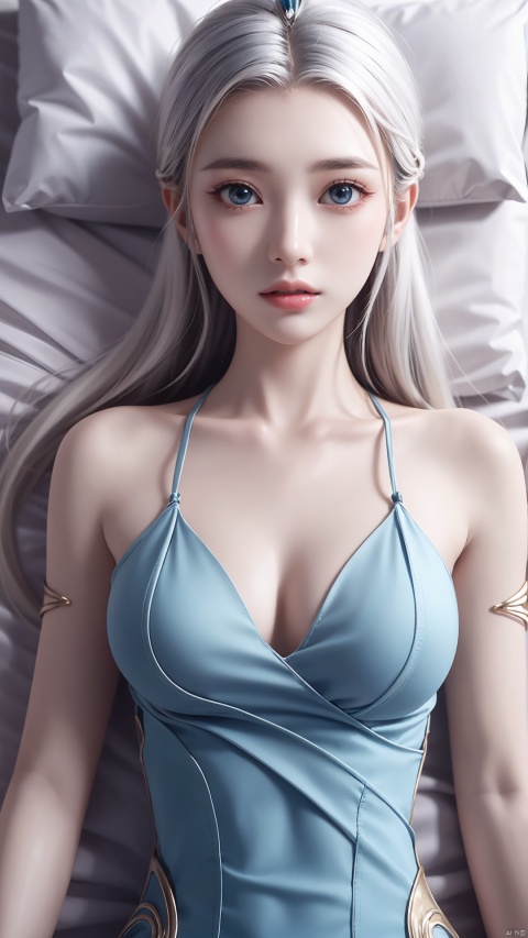  1girl, long hair, white hair, dress, looking at viewer, lying, perfect body, scenery, sharp focus, best quality, masterpiece, detailed outfit, illustration, perfect eyes, finely detailed beautiful anime eyes, realistic skin, intricate details, best lighting, depth of field, ultra high resolution, bed, from above