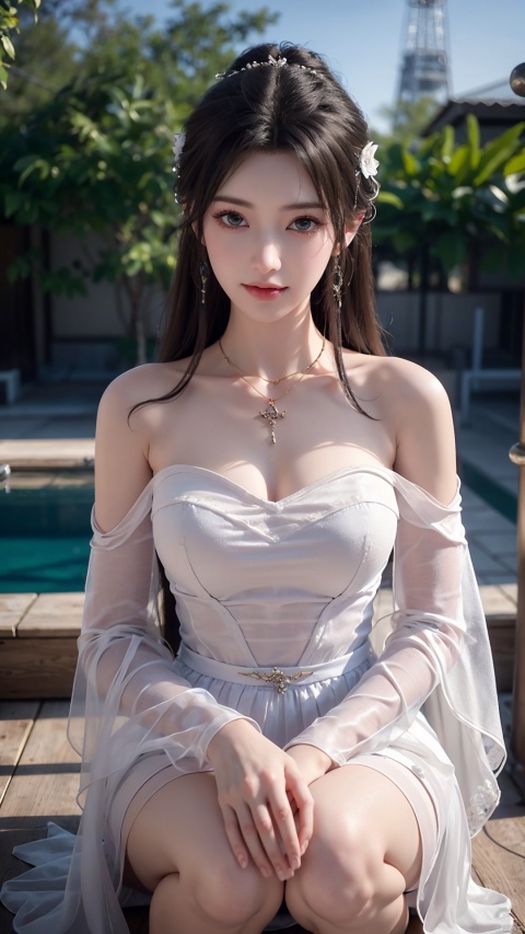  1girl, wedding_dress, mischevious smile, perfect body, scenery, sharp focus, best quality, masterpiece, detailed outfit, illustration, perfect eyes, finely detailed beautiful anime eyes, realistic skin, intricate details, best lighting, depth of field, ultra high resolution, kneeling on floot, from_above