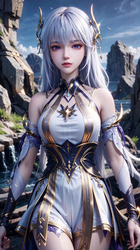 1girl, long hair, solo, purple eyes, white hair, white dress, standing, looking at viewer, perfect body, scenery, sharp focus, best quality, masterpiece, detailed outfit, illustration, perfect eyes, finely detailed beautiful anime eyes, realistic skin, intricate details, best lighting, depth of field, ultra high resolution,cowboy_shot, dynamic pose, dynamic angle,