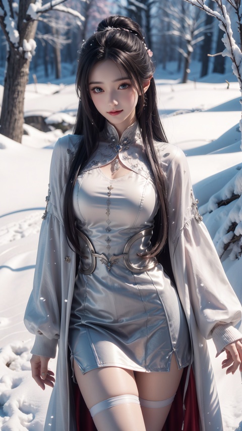  1 girl,Transparent skirt,pink face,stockings,(snow:1.2),(snowing:1.2),peach blossom,snow,solo,scarf,black hair,smile,long hair,bokeh,realistic,long coat,blurry, captivating gaze, embellished clothing, natural light, shallow depth of field, romantic setting, dreamy pastel color palette, whimsical details, captured on film,. (Original Photo, Best Quality), (Realistic, Photorealistic: 1.3), Clean, Masterpiece, Fine Detail, Masterpiece, Ultra Detailed, High Resolution, (Best Illustration), (Best Shadows), Complex, Bright light, modern clothing, (pastoral: 1.3), smiling,cowboy shot,(very very short skirt:1.5),knee socks,long legs, forest, grassland,(view: 1.3), 21yo girl, striped, capricornus, 1girl, light master