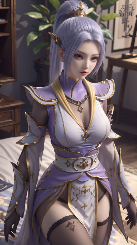  1girl, light purple hair, black thighhighs, ponytail, gloves, blue eyes, long hair, breasts, armor, hair ornament, black gloves, looking at viewer, lying, perfect body, scenery, sharp focus, best quality, masterpiece, detailed outfit, illustration, perfect eyes, finely detailed beautiful anime eyes, realistic skin, intricate details, best lighting, depth of field, ultra high resolution, bed, from above