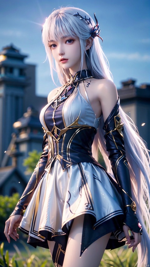 1girl, long hair, solo, purple eyes, white hair, white dress, standing, looking at viewer, perfect body, scenery, sharp focus, best quality, masterpiece, detailed outfit, illustration, perfect eyes, finely detailed beautiful anime eyes, realistic skin, intricate details, best lighting, depth of field, ultra high resolution,cowboy_shot, dynamic pose, dynamic angle,