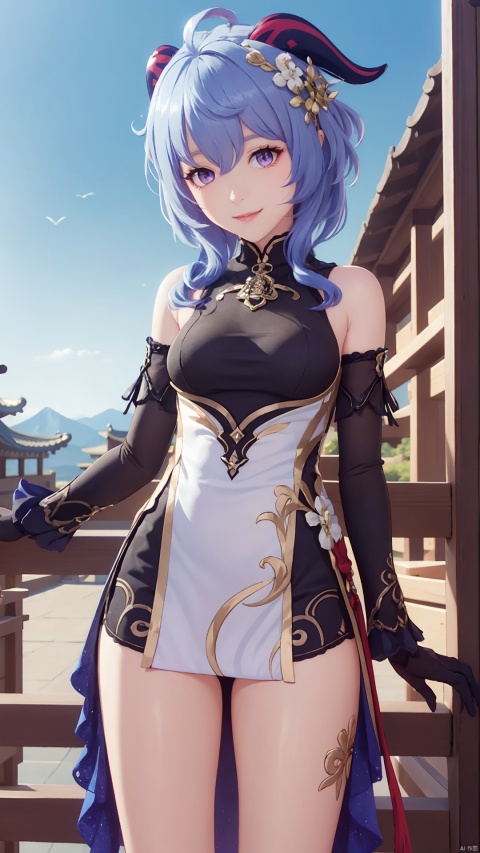  1girl, solo, looking at viewer, blue hair, horns, ahoge,black gloves, chinese clothes, bangs, purple eyes, standing, long hair, detached sleeves, bell, thighlet, dress, bare shoulders, sidelocks, hair between eyes, alternate costume, new, mischevious smile, perfect body, scenery, sharp focus, best quality, masterpiece, detailed outfit, illustration, perfect eyes, finely detailed beautiful anime eyes, realistic skin, intricate details, best lighting, depth of field, ultra high resolution,cowboy_shot, dynamic pose, dynamic angle,