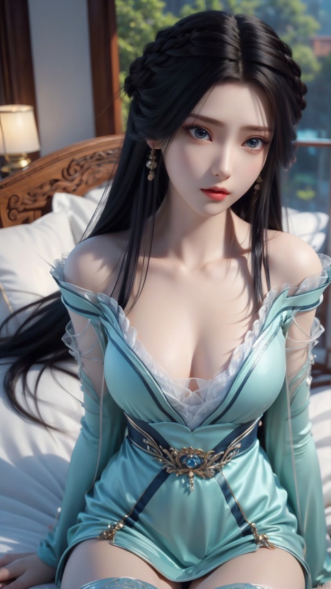  1girl, bare shoulders, long hair, thighhighs, lying, perfect body, scenery, sharp focus, best quality, masterpiece, detailed outfit, illustration, perfect eyes, finely detailed beautiful anime eyes, realistic skin, intricate details, best lighting, depth of field, ultra high resolution, bed, from above