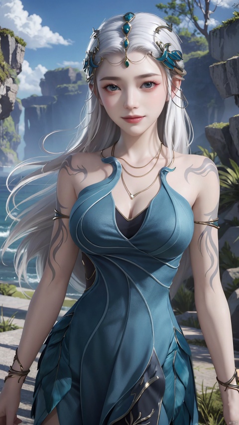 1girl, jewelry, long hair, bracelet, strapless dress, necklace, tattoo, gem, bare shoulders, white hair, aqua dress, mischevious smile, perfect body, scenery, sharp focus, best quality, masterpiece, detailed outfit, illustration, perfect eyes, finely detailed beautiful anime eyes, realistic skin, intricate details, best lighting, depth of field, ultra high resolution,cowboy_shot, dynamic pose, dynamic angle,