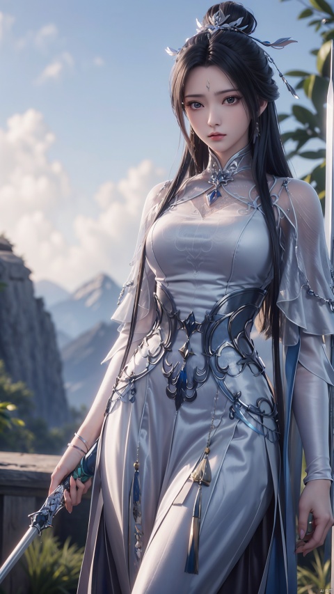  1girl, black hair, solo, weapon, hair ornament, hair bun, long hair, jewelry, looking at viewer, forehead mark, holding, dress, sword, holding weapon, chinese clothes, perfect body, scenery, sharp focus, best quality, masterpiece, detailed outfit, illustration, perfect eyes, finely detailed beautiful anime eyes, realistic skin, intricate details, best lighting, depth of field, ultra high resolution,cowboy_shot, dynamic pose, dynamic angle,