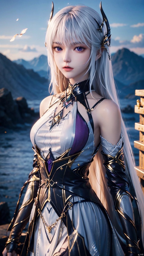 1girl, long hair, solo, purple eyes, white hair, white dress, standing, looking at viewer, perfect body, scenery, sharp focus, best quality, masterpiece, detailed outfit, illustration, perfect eyes, finely detailed beautiful anime eyes, realistic skin, intricate details, best lighting, depth of field, ultra high resolution,cowboy_shot, dynamic pose, dynamic angle,