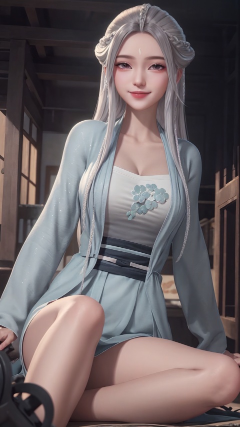 1girl, solo, long hair, white hair, chinese clothes, hanfu, facial mark, forehead mark, grey eyes, long sleeves, braid, realistic, mischevious smile, perfect body, scenery, sharp focus, best quality, masterpiece, detailed outfit, illustration, perfect eyes, finely detailed beautiful anime eyes, realistic skin, intricate details, best lighting, depth of field, ultra high resolution, sitting, dynamic pose, dynamic angle,